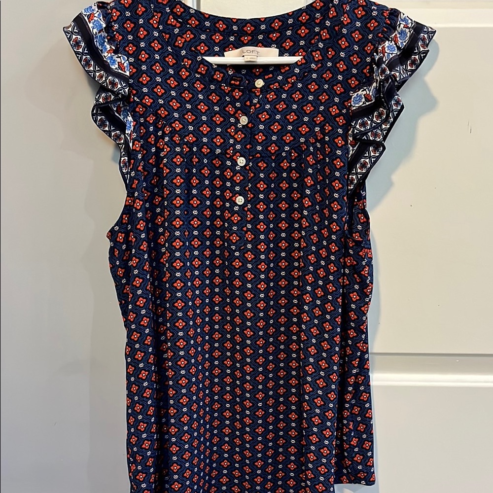 LOFT Navy and Orange Floral Pattern Top